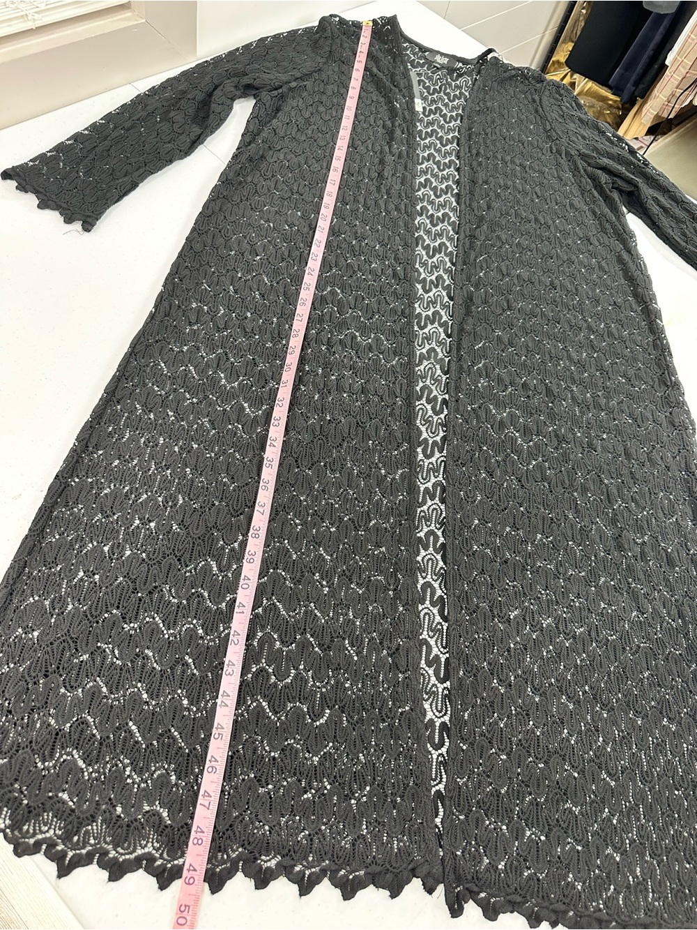 Slim Factor Open Loose Knit Lace Duster Cover Up Longline Cardigan Black 1X - Picture 4 of 8